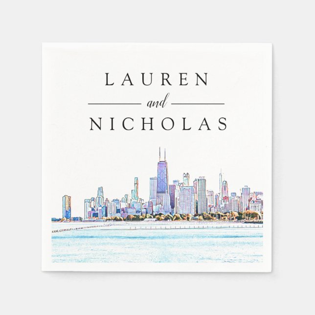 Chicago Skyline Personalised Wedding Napkins (Front)