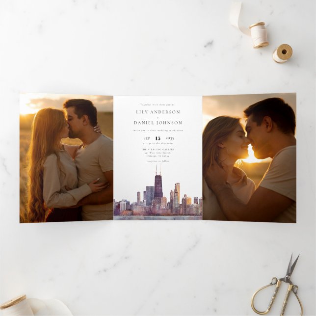 Chicago Skyline QR Code 3 Photo Wedding Tri-Fold Invitation (Inside)