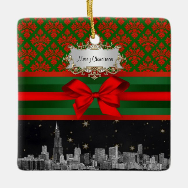 Chicago Skyline Red Green Damask #2 Bow Xmas Ceramic Ornament (Front)