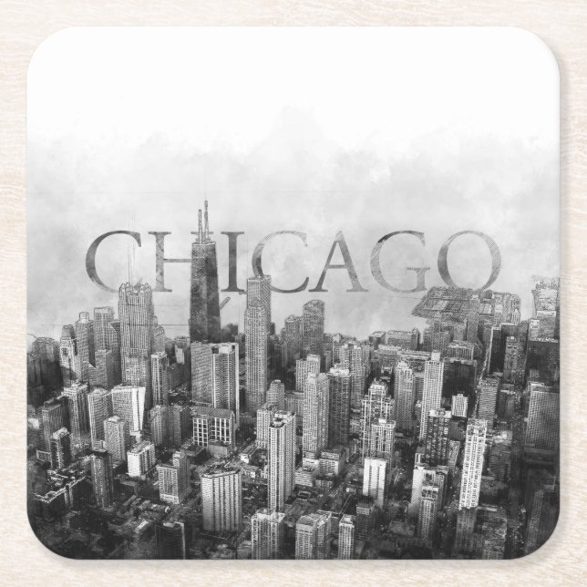 Chicago Skyline Sketch Square Paper Coaster (Front)