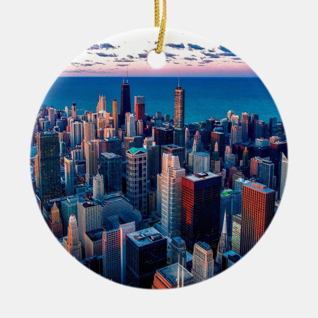 Chicago Skyline Sundown Ceramic Tree Decoration (Front)