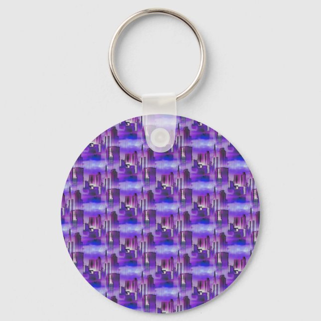 Chicago Skyline Urban Art in Purple and Blue Key Ring (Front)