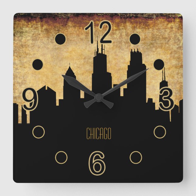 Chicago Skyline | Vintage Grunge Style Square Wall Clock (Front)