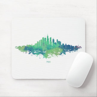 Chicago Skyline Watercolor Blue Green City Art Mouse Pad