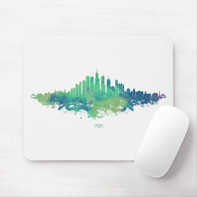 Chicago Skyline Watercolor Blue Green City Art Mouse Pad (With Mouse)