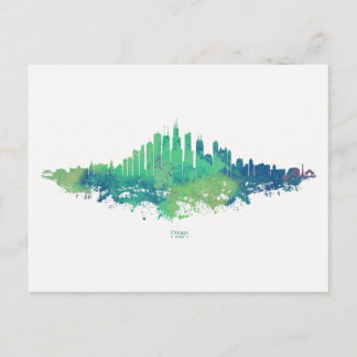 Chicago Skyline Watercolor Blue Green City Art Postcard