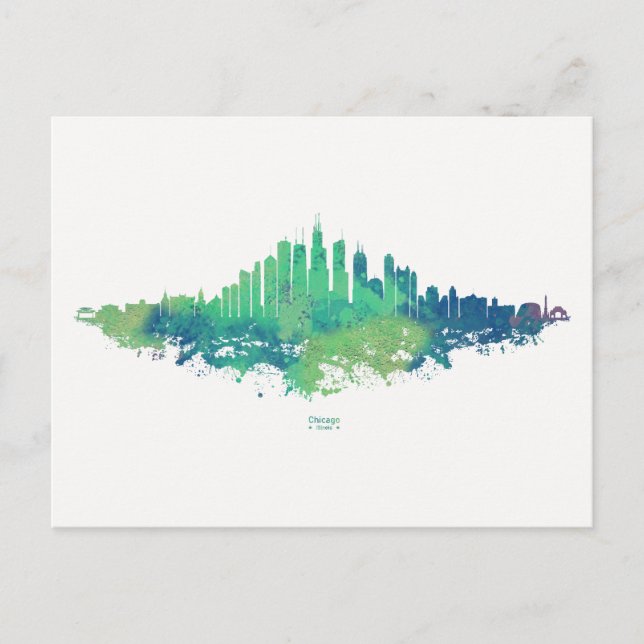 Chicago Skyline Watercolor Blue Green City Art Postcard (Front)