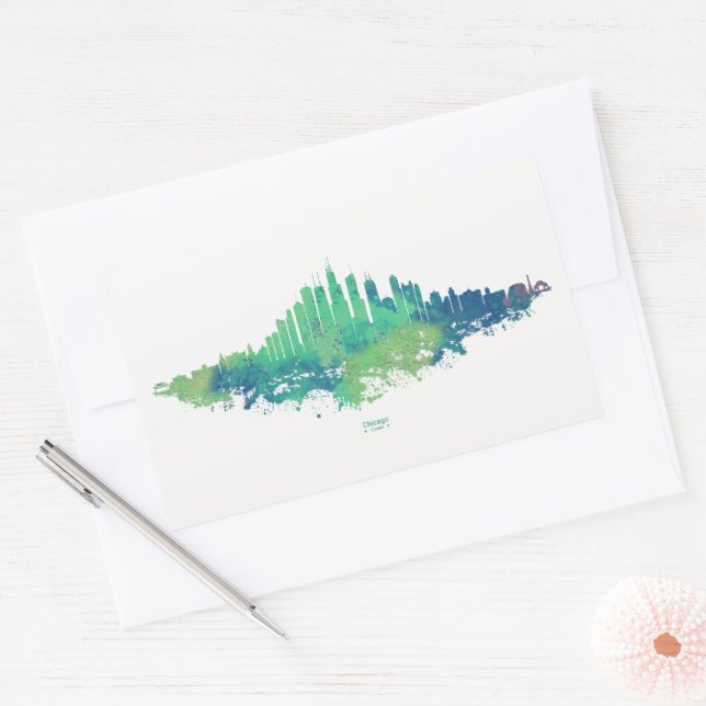 Chicago Skyline Watercolor Blue Green City Art Rectangular Sticker (Envelope)