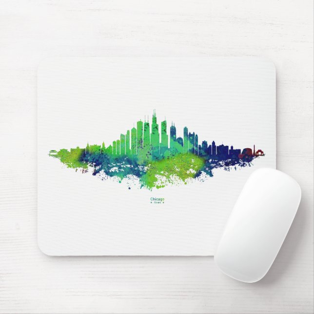 Chicago Skyline Watercolor Blue & Lime Art Prints Mouse Pad (With Mouse)