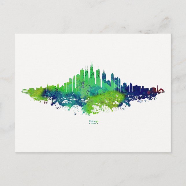 Chicago Skyline Watercolor Blue & Lime Art Prints Postcard (Front)