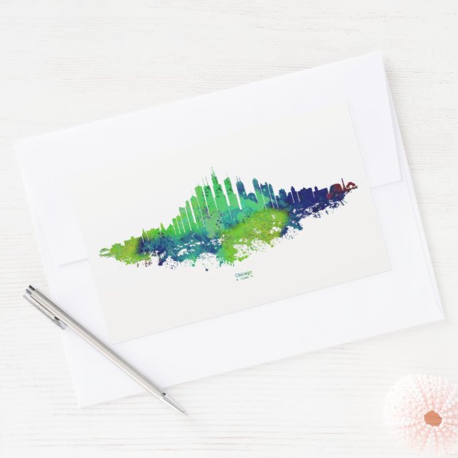 Chicago Skyline Watercolor Blue & Lime Art Prints Rectangular Sticker (Envelope)