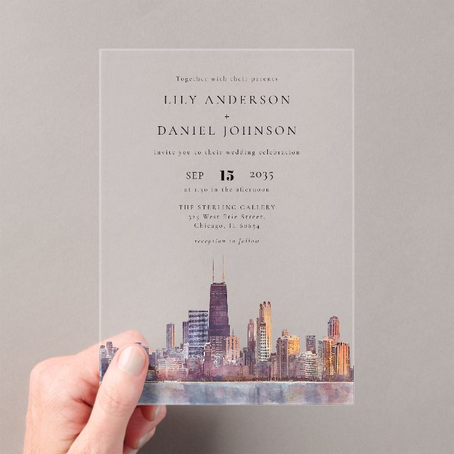 Chicago Skyline Watercolor Destination Wedding Acrylic Invitations (Insitu (Handheld))