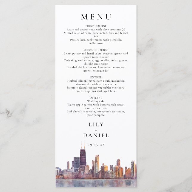 Chicago Skyline Watercolor Destination Wedding Menu (Front)