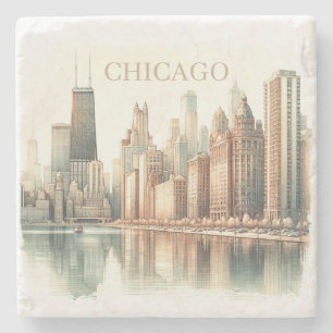 Chicago Skyline Watercolor Landmark Custom Photo Stone Coaster