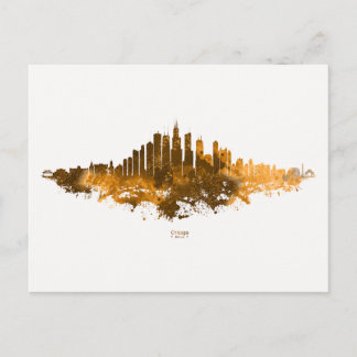 Chicago Skyline Watercolor Orange Cityscape Art Postcard