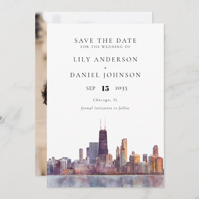 Chicago Skyline Watercolor Photo Wedding Save The Date (Front/Back)