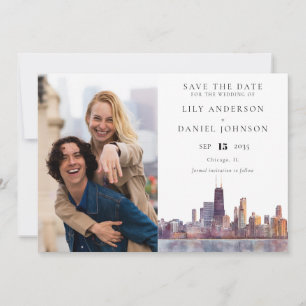 Chicago Skyline Watercolor Photo Wedding Save The Date
