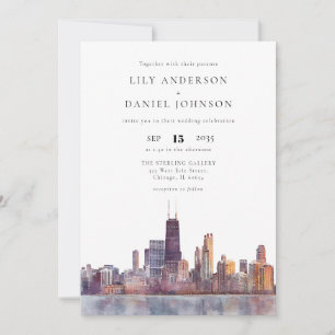 Chicago Skyline Watercolor QR Code Wedding Invitation