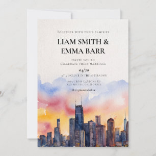 Chicago Skyline Watercolor Sunset Wedding Invitation