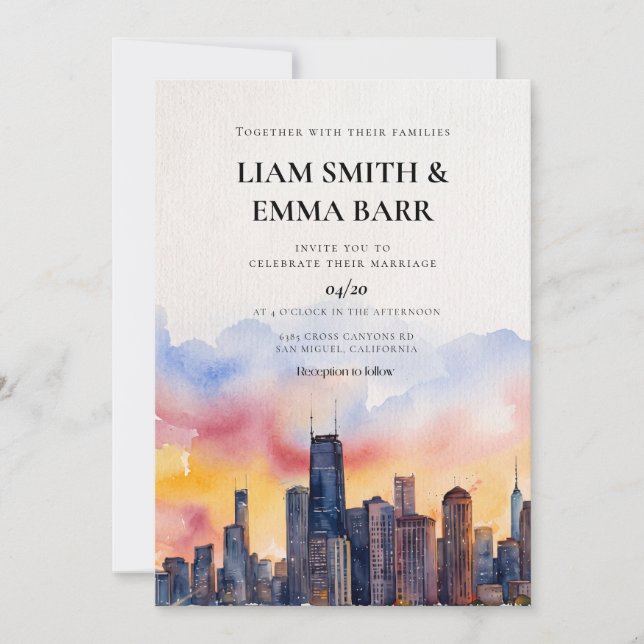 Chicago Skyline Watercolor Sunset Wedding Invitation (Front)
