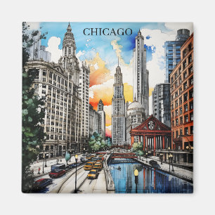 Chicago Skyline Watercolor – Windy City Travel Magnet