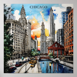 Chicago Skyline Watercolor – Windy City Travel Poster
