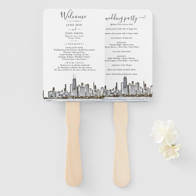 Chicago Skyline Wedding Program Hand Fan (Front and Back)