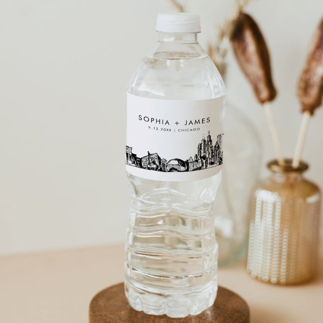 Chicago Skyline Wedding Water Bottle Label (Creator Uploaded)
