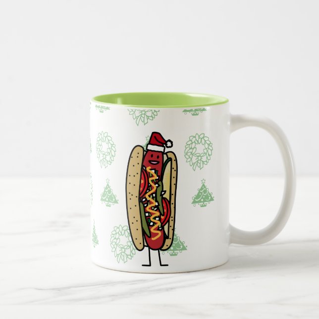 Chicago style hot dog Christmas Santa hat Two-Tone Coffee Mug (Right)