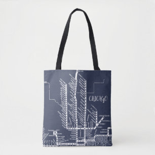 Chicago Subway Map w/ Train stops White Blue Tote Bag
