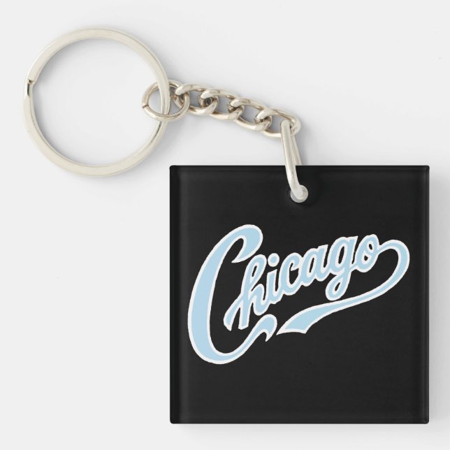 Chicago Text in Chicago Blue Script BLK Key Ring (Front)