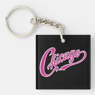 Chicago Text in Pink Script BLK Keychain