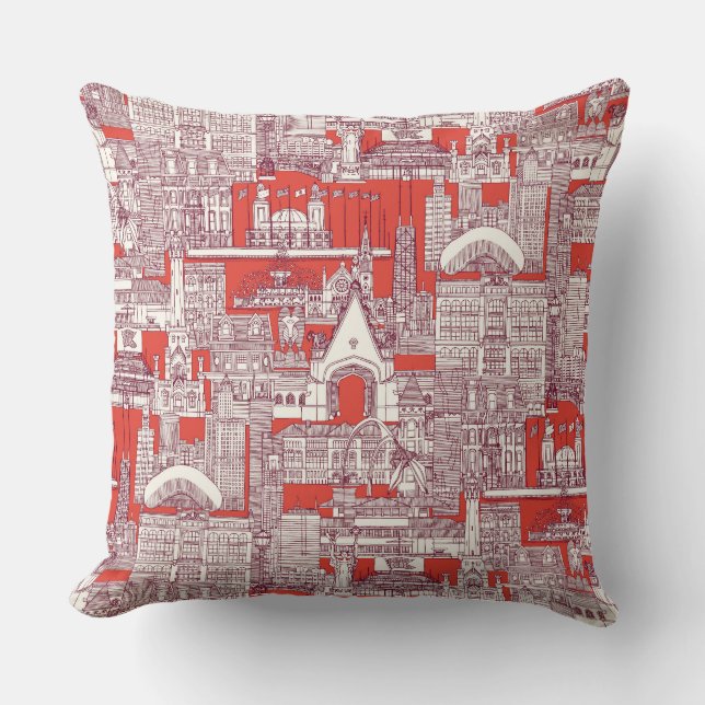 Chicago toile claret lava red cushion (Front)