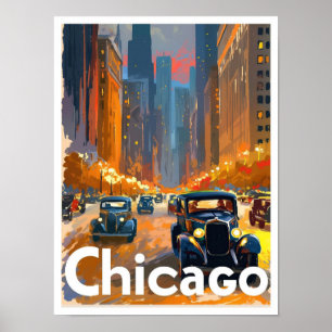 Chicago USA Art Vintage Travel Illustration Poster