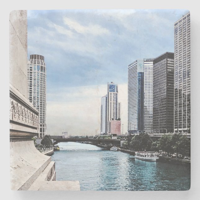 Chicago - View From Michigan Avenue Bridge Stone Coaster (Front)