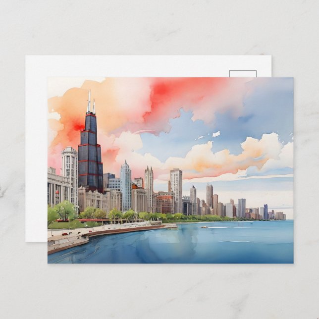 Chicago watercolor art postcard (Front/Back)