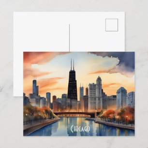 Chicago watercolor art postcard