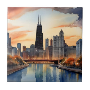 Chicago watercolor art tile