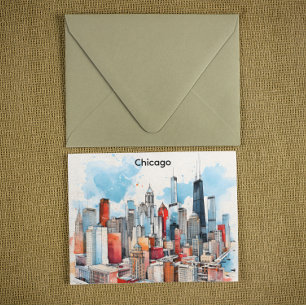 Chicago Watercolor Painting Skyline Cityscape Postcard