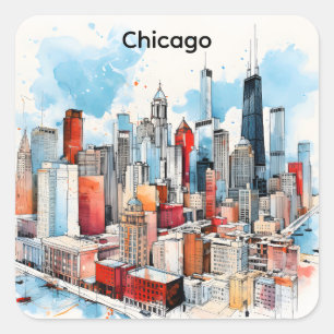 Chicago Watercolor Painting Skyline Cityscape Square Sticker