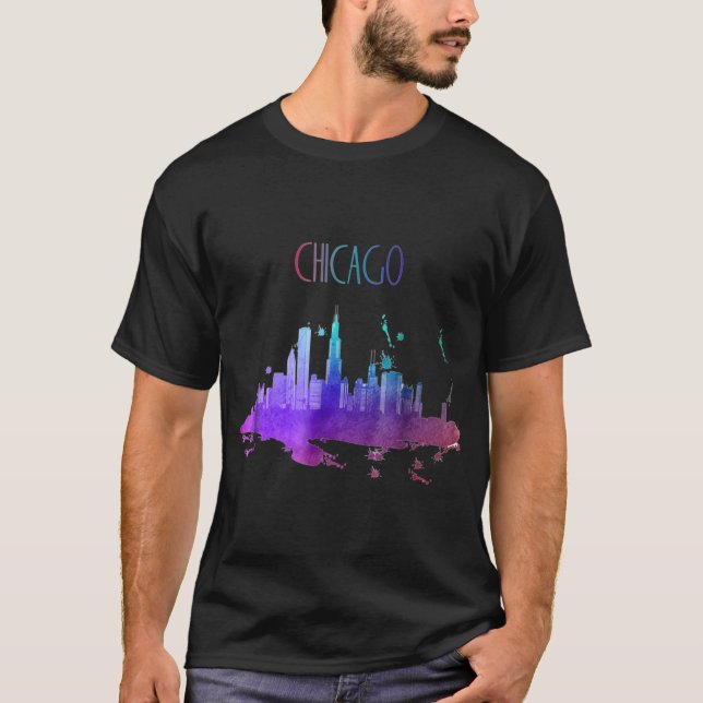 Chicago Watercolor Skyline Beautiful Chicago T-Shirt (Front)
