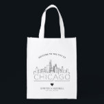 Chicago Wedding | Stylised Skyline Reusable Grocery Bag<br><div class="desc">A unique wedding bag for a wedding taking place in the beautiful city of Chicago.  This bag features a stylised illustration of the city's unique skyline with its name underneath.  This is followed by your wedding day information in a matching open lined style.</div>