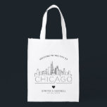 Chicago Wedding | Stylised Skyline Reusable Grocery Bag<br><div class="desc">A unique wedding bag for a wedding taking place in the beautiful city of Chicago.  This bag features a stylised illustration of the city's unique skyline with its name underneath.  This is followed by your wedding day information in a matching open lined style.</div>