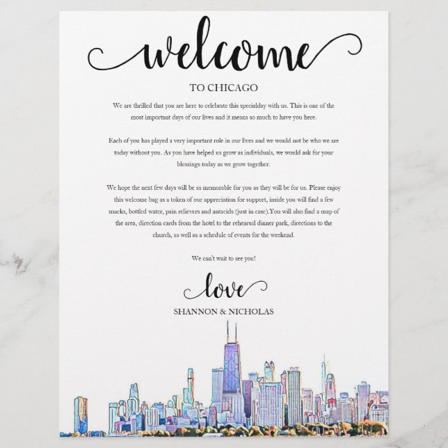 Chicago Wedding Weekend Welcome Itinerary (Front)