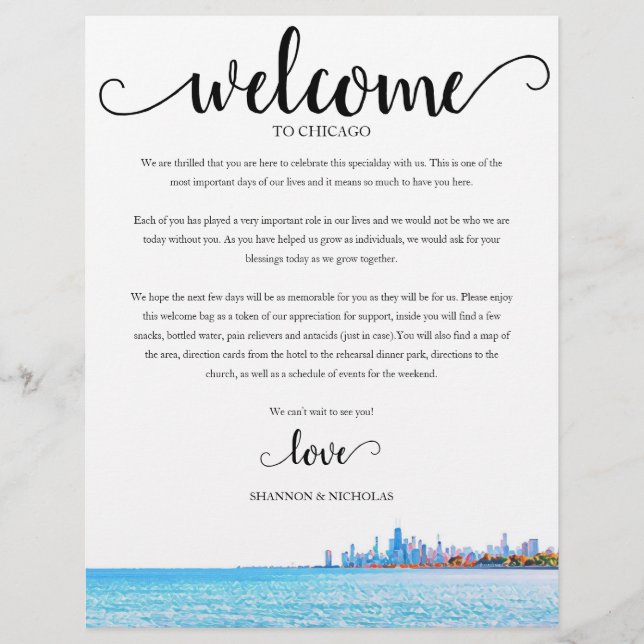 Chicago Wedding Weekend Welcome Itinerary (Front)