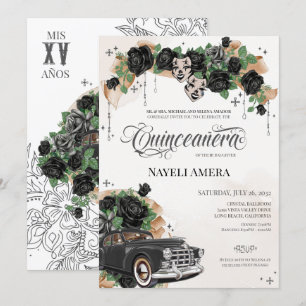 Chicana Lowrider Black Rose Chola Quinceanera Invitation