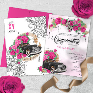 Chicana Lowrider Pink Rose Chola Quinceanera Invitation