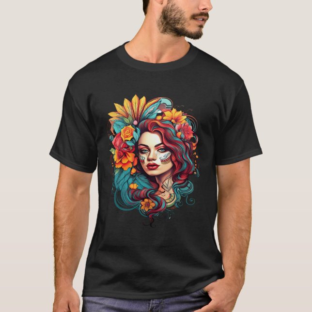 Chicano Girl Mexico Flowers Death Pretty T-Shirt (Front)