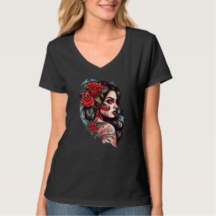 Chicano Girl Mexico Flowers Death Pretty T-Shirt