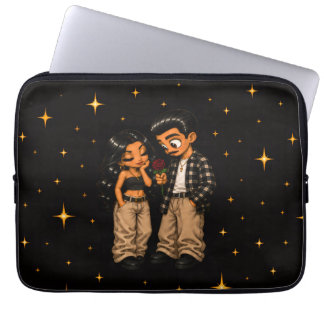 Chicano Love Couple Red Rose & Gold Stars Laptop Sleeve